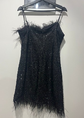 Kuş Tüyü Detaylı Siyah Mini Abiye Elbise kokteyl elbisesi - Görsel 2