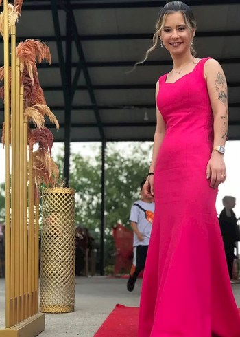 Pembe Uzun kare Yaka Drapeli Kadın Abiye