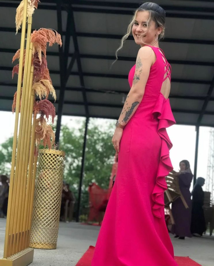 Pembe Uzun kare Yaka Drapeli Kadın Abiye - Görsel 2