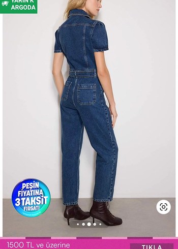 Kadın Lacivert Denim Tulum, Kemerli, Midi Boy - Görsel 2