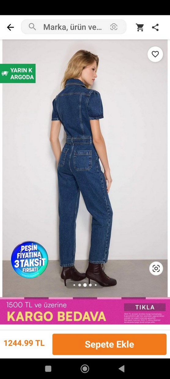 Kadın Lacivert Denim Tulum, Kemerli, Midi Boy - Görsel 2