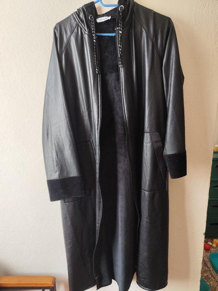 Siyah Deri Kemerli Uzun Kadın Ceket - Görsel 4