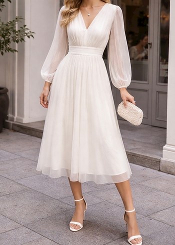 Beyaz Simli Tül Midi Elbise  Zarif & Şık - Görsel 2