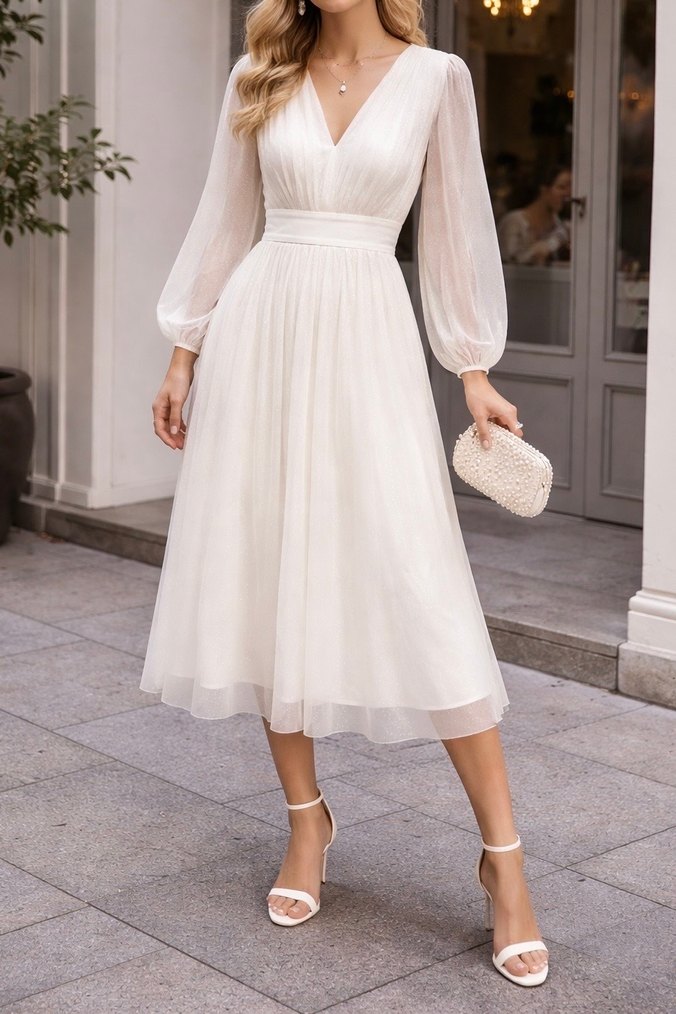 Beyaz Simli Tül Midi Elbise  Zarif & Şık - Görsel 2