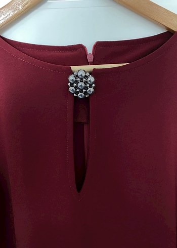 Bordo V Yakalı Düğmeli Midi Elbise - Görsel 2