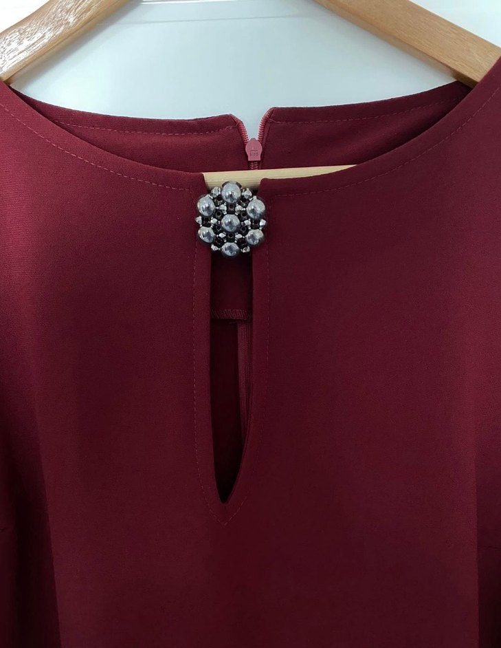 Bordo V Yakalı Düğmeli Midi Elbise - Görsel 2