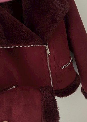 Pull&Bear Bordo Süet Kürk Detaylı Kadın Ceket - Görsel 3