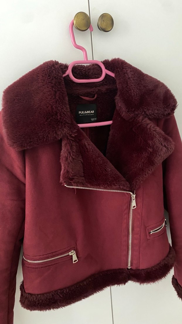 Pull&Bear Bordo Süet Kürk Detaylı Kadın Ceket - Görsel 2