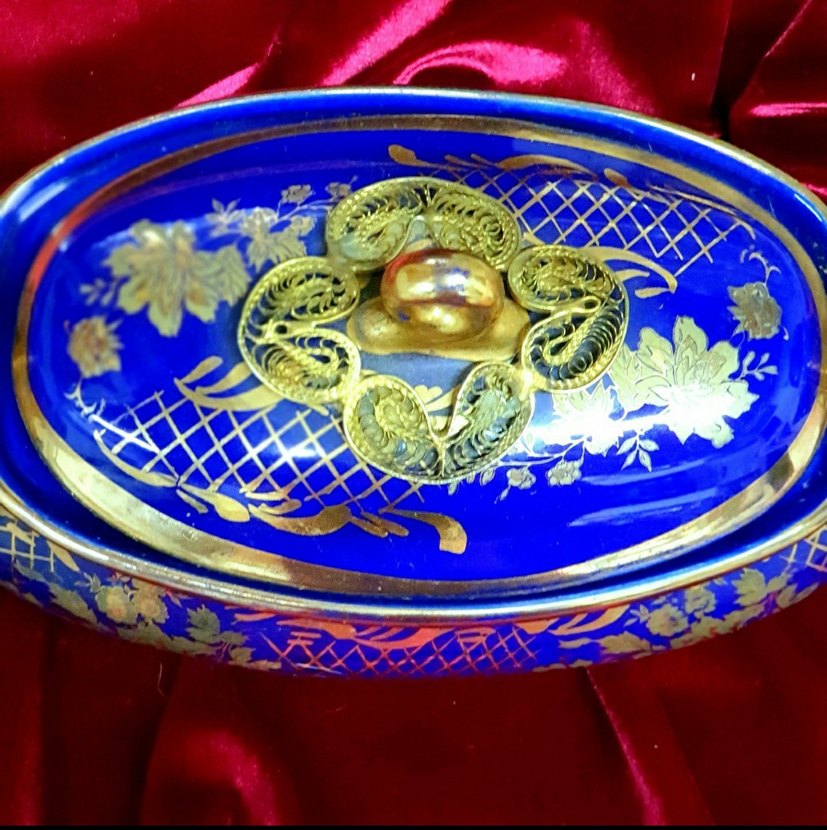 Telkari iscilikli Cobalt renk Porselen Sekerlik,Bonboniyer - Görsel 5