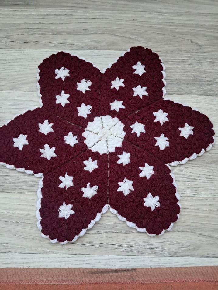 Bordo Beyaz Çiçek Motifli El Örgüsü Supla - Görsel 2