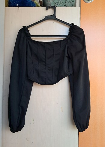 Siyah Straplez Uzun Kollu Mini Bluz - Görsel 2