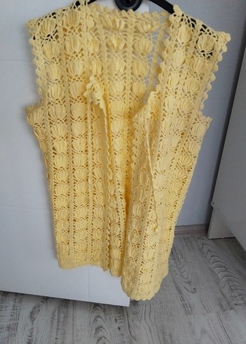 Sarı İşlemeli Dantel Detaylı Kadın Triko Yelek - Görsel 7