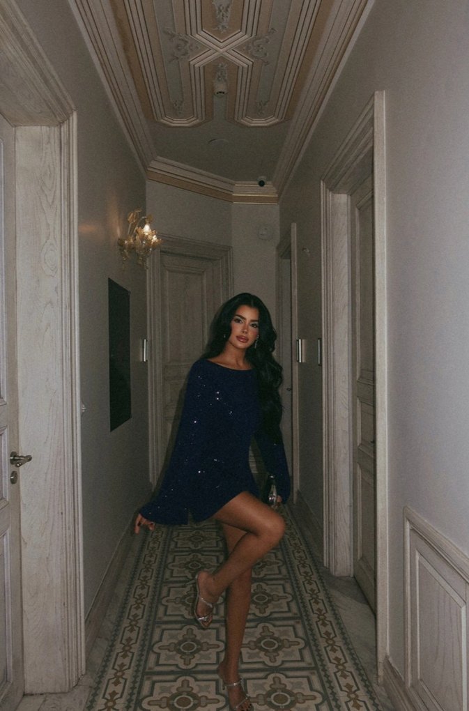 Parlak Mini Lacivert Tansy Sırt Dekolteli Elbise - Görsel 4