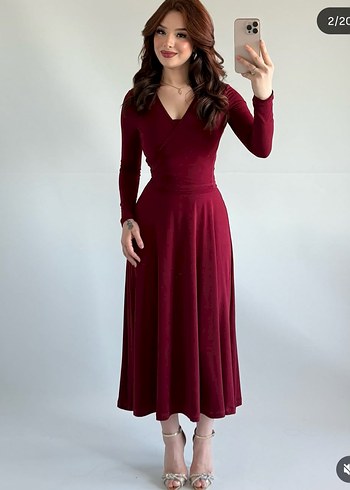 Bordo Uzun Elbise, Kolsuz, Modern Klasik - Görsel 7