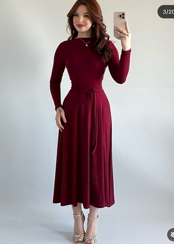 Bordo Uzun Elbise, Kolsuz, Modern Klasik - Görsel 6