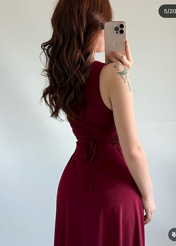 Bordo Uzun Elbise, Kolsuz, Modern Klasik - Görsel 3