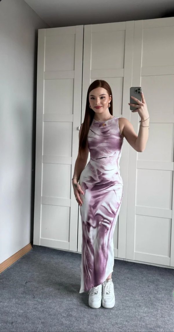 lila Batik Desenli Uzun Kadın Elbise - Görsel 2