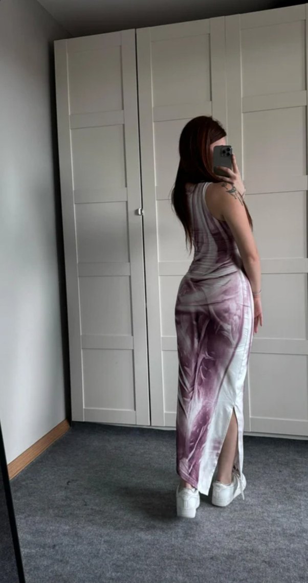 lila Batik Desenli Uzun Kadın Elbise - Görsel 5