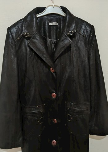 Düğmeli Uzun Kahverengi Deri Kadın Kaban - Görsel 5