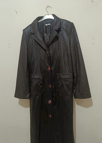 Düğmeli Uzun Kahverengi Deri Kadın Kaban - Görsel 3