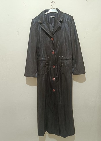 Düğmeli Uzun Kahverengi Deri Kadın Kaban - Görsel 2