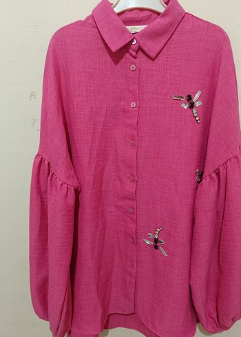 Nakışlı, Düğmeli, Uzun Kollu Pembe Kadın Gömlek - Görsel 2