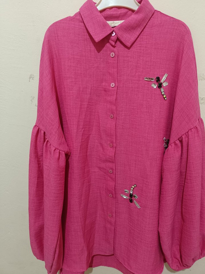 Nakışlı, Düğmeli, Uzun Kollu Pembe Kadın Gömlek - Görsel 2