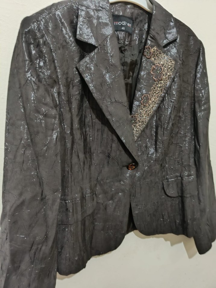 Düğmeli Kahverengi Yılan Derisi Desenli Deri Blazer - Görsel 2