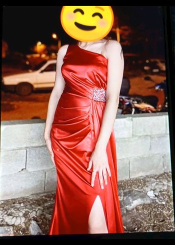 Kırmızı Drapeli Uzun Abiye Elbise - Görsel 5