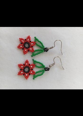 Çiçek Desenli Kum Boncuk El Yapımı Küpeler - Görsel 2