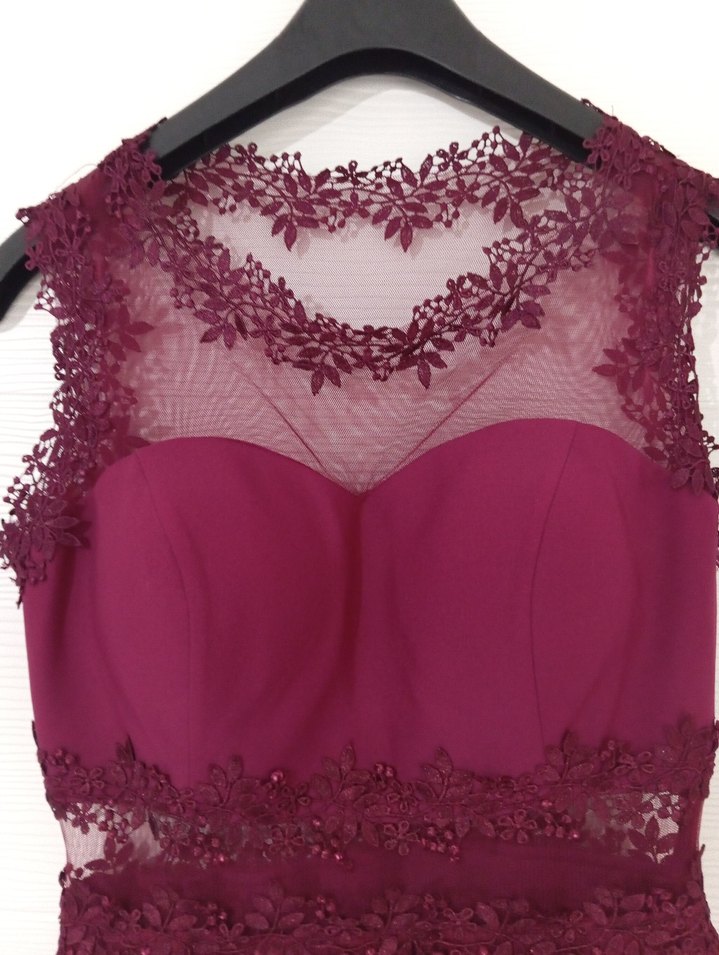 mürdüm Dantel İşlemeli Mini Abiye Elbise - Görsel 3