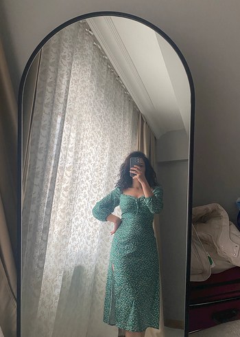 Yeşil V Yakalı Salaş Uzun Elbise - Görsel 4