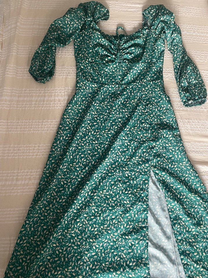 Yeşil V Yakalı Salaş Uzun Elbise - Görsel 2