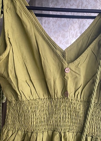 Kolsuz V Yaka Uzun Keten Bohem Elbise - Görsel 2