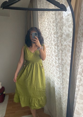 Kolsuz V Yaka Uzun Keten Bohem Elbise - Görsel 4