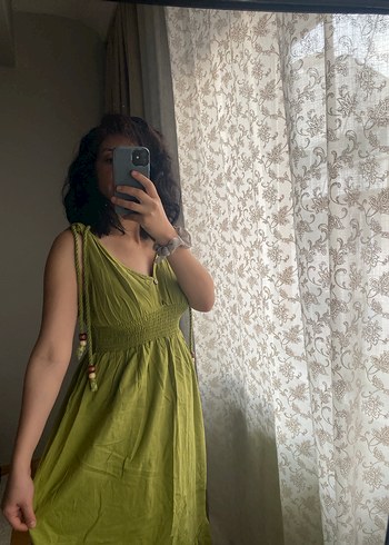 Kolsuz V Yaka Uzun Keten Bohem Elbise - Görsel 5