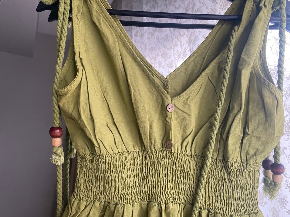 Kolsuz V Yaka Uzun Keten Bohem Elbise - Görsel 2