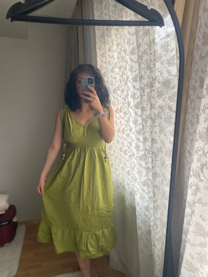 Kolsuz V Yaka Uzun Keten Bohem Elbise - Görsel 4