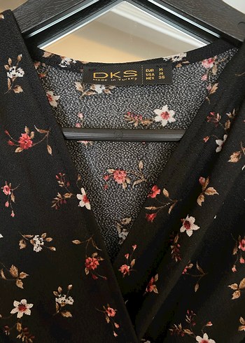 Siyah Çiçek Desenli Uzun Kollu Midi Elbise - Görsel 3