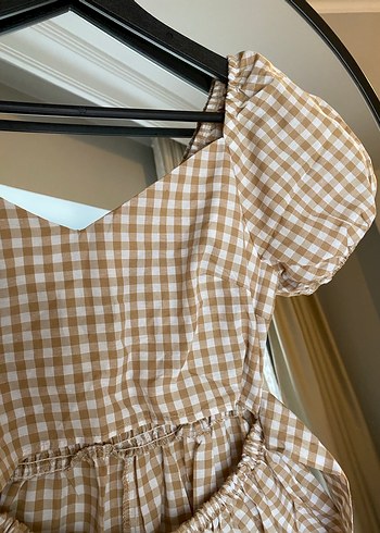 Bej Ekose Mini Günlük Elbise - Görsel 3