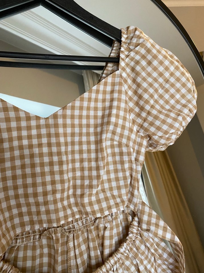 Bej Ekose Mini Günlük Elbise - Görsel 3