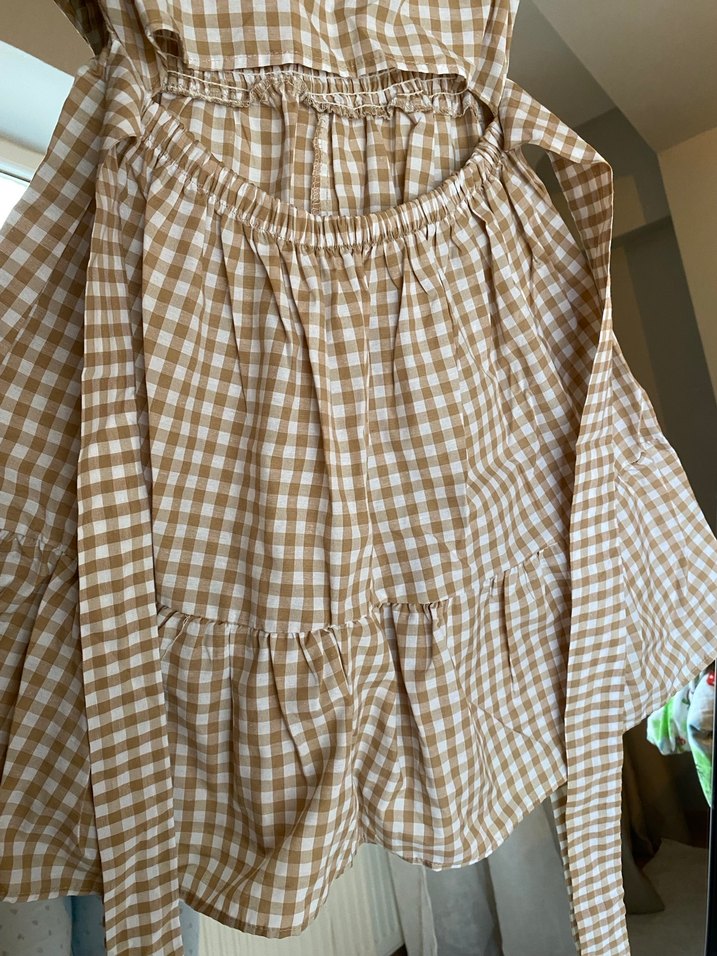 Bej Ekose Mini Günlük Elbise - Görsel 4