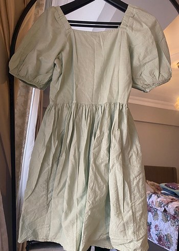 Düğmeli yeşil Midi Keten Elbise - Görsel 6