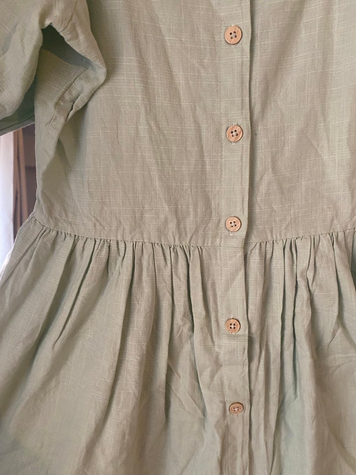 Düğmeli yeşil Midi Keten Elbise - Görsel 2