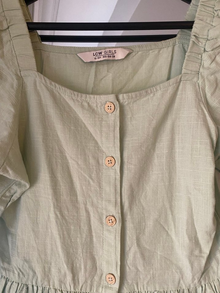 Düğmeli yeşil Midi Keten Elbise - Görsel 4