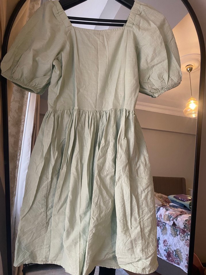 Düğmeli yeşil Midi Keten Elbise - Görsel 5