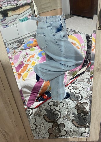 Bej Tie-Dye Desenli Midi Boy Bol Kesim Kadın Kot - Görsel 4