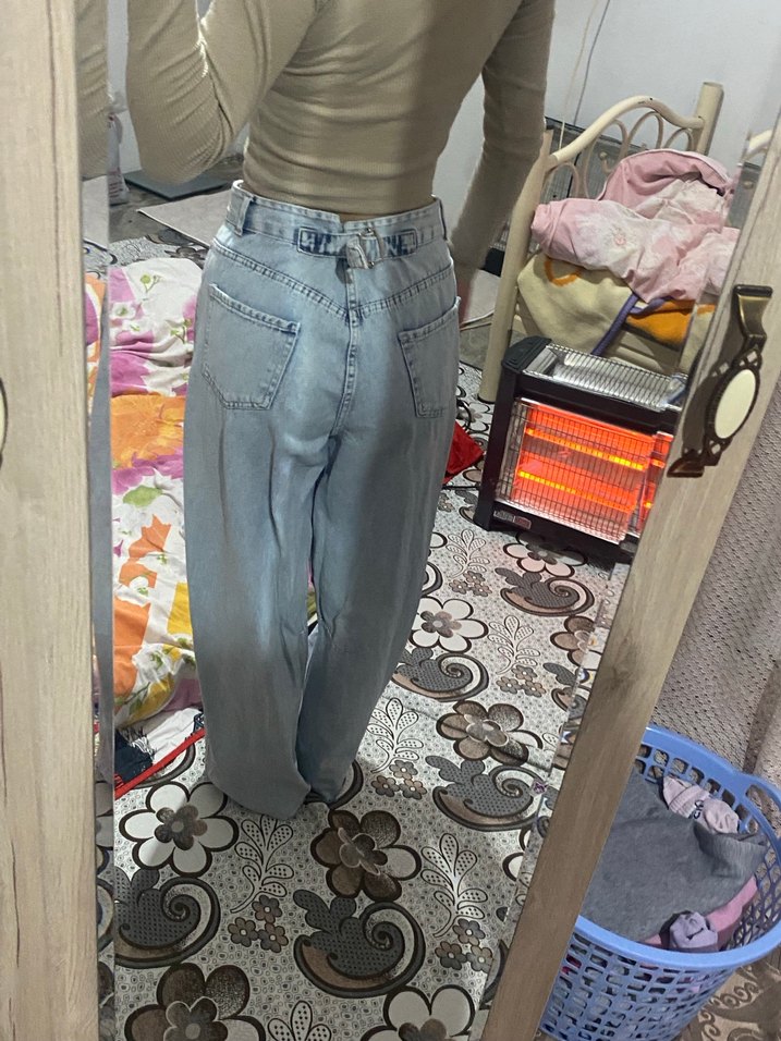 Bej Tie-Dye Desenli Midi Boy Bol Kesim Kadın Kot - Görsel 3