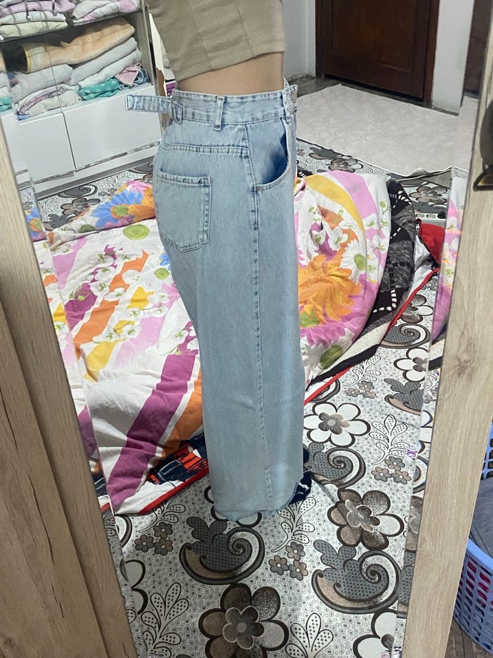 Bej Tie-Dye Desenli Midi Boy Bol Kesim Kadın Kot - Görsel 2