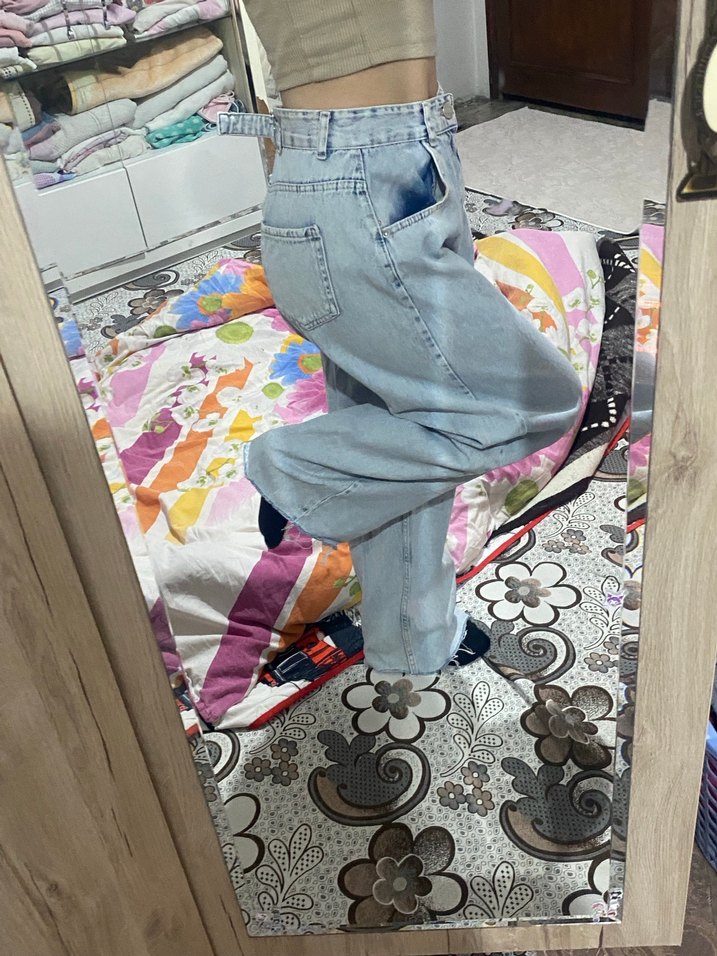 Bej Tie-Dye Desenli Midi Boy Bol Kesim Kadın Kot - Görsel 4